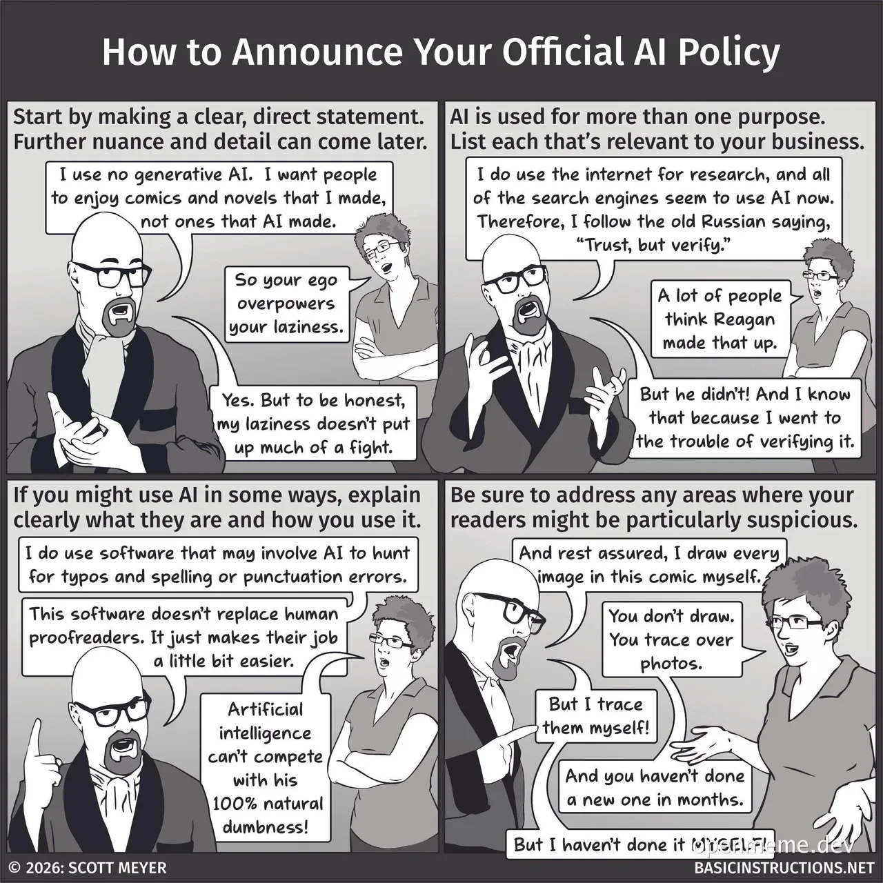 Four-panel black-and-white comic strip titled 'How to Announce Your Official AI Policy' featuring a man in a suit and a woman in a blouse exchanging sarcastic justifications about AI use in speech bubbles.