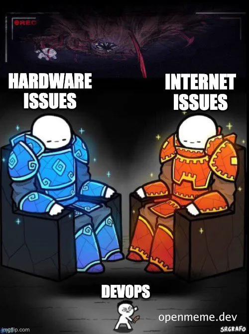 A meme featuring a tiny stick figure labeled DevOps standing in front of two giant armored figures labeled Hardware Issues and Internet Issues.