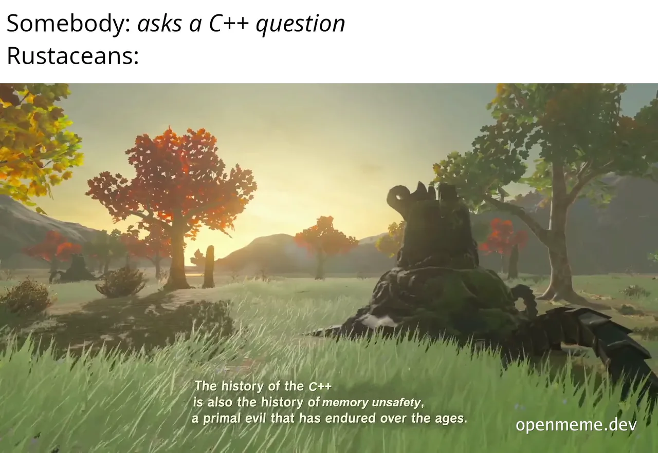 a screenshot of a video game scene with a large monster in a field, with text overlay about C++