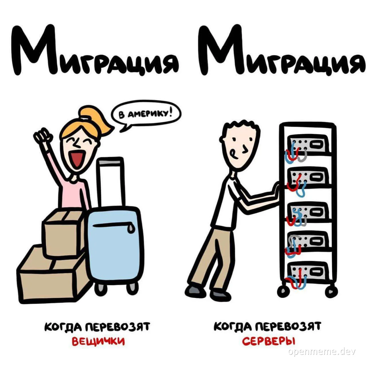 cartoon of a woman excitedly packing to move to America next to a man stressed moving servers