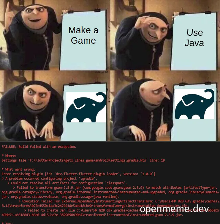 Minion meme about game development issues with Java
