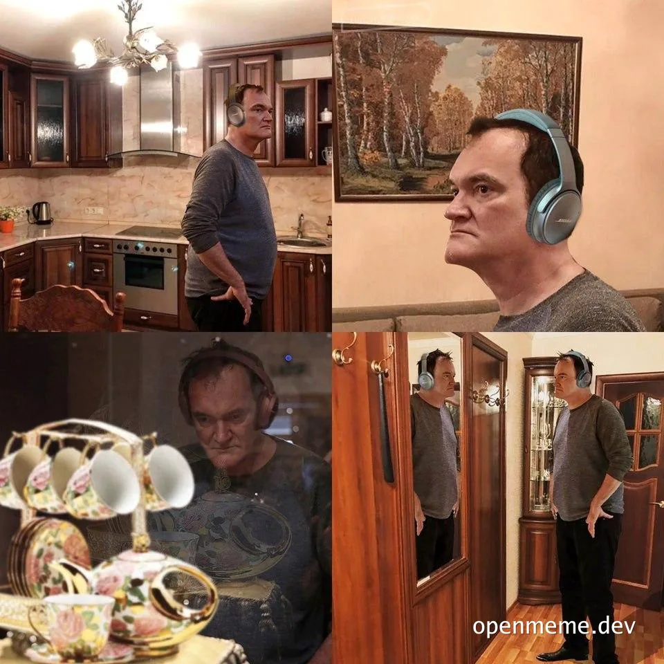 a man in a gray shirt and headphones standing in different rooms
