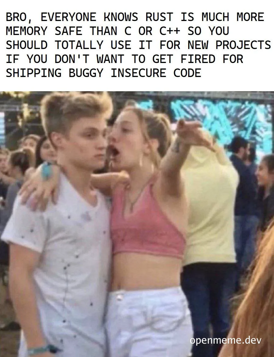 a woman pointing and a man looking to the side with a text about rust programming language
