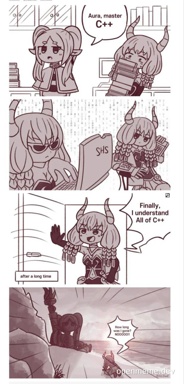 cartoon girl learns C++ programming language