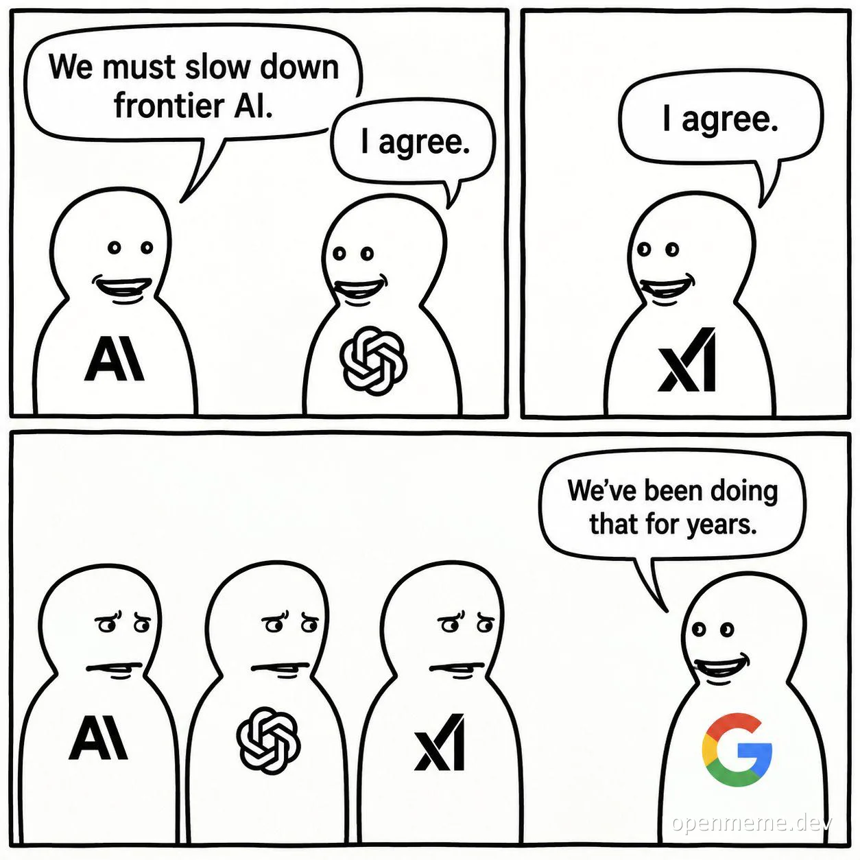 Three-panel comic: an AI character says 'We must slow down frontier AI,' an OpenAI-logo character and an Anthropic-logo