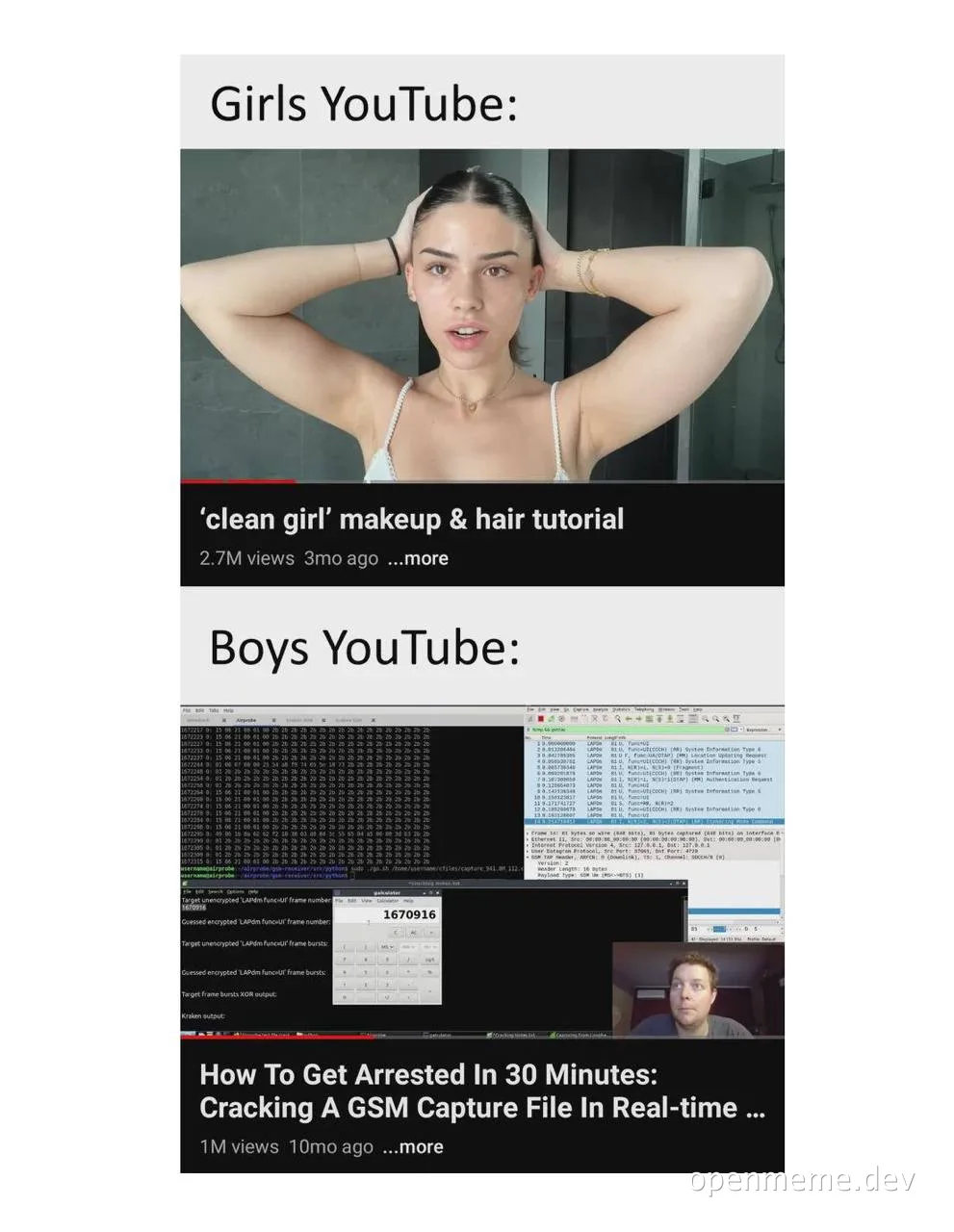 Girls vs Boys YouTube: 'clean girl' makeup tutorial vs cracking a GSM capture file