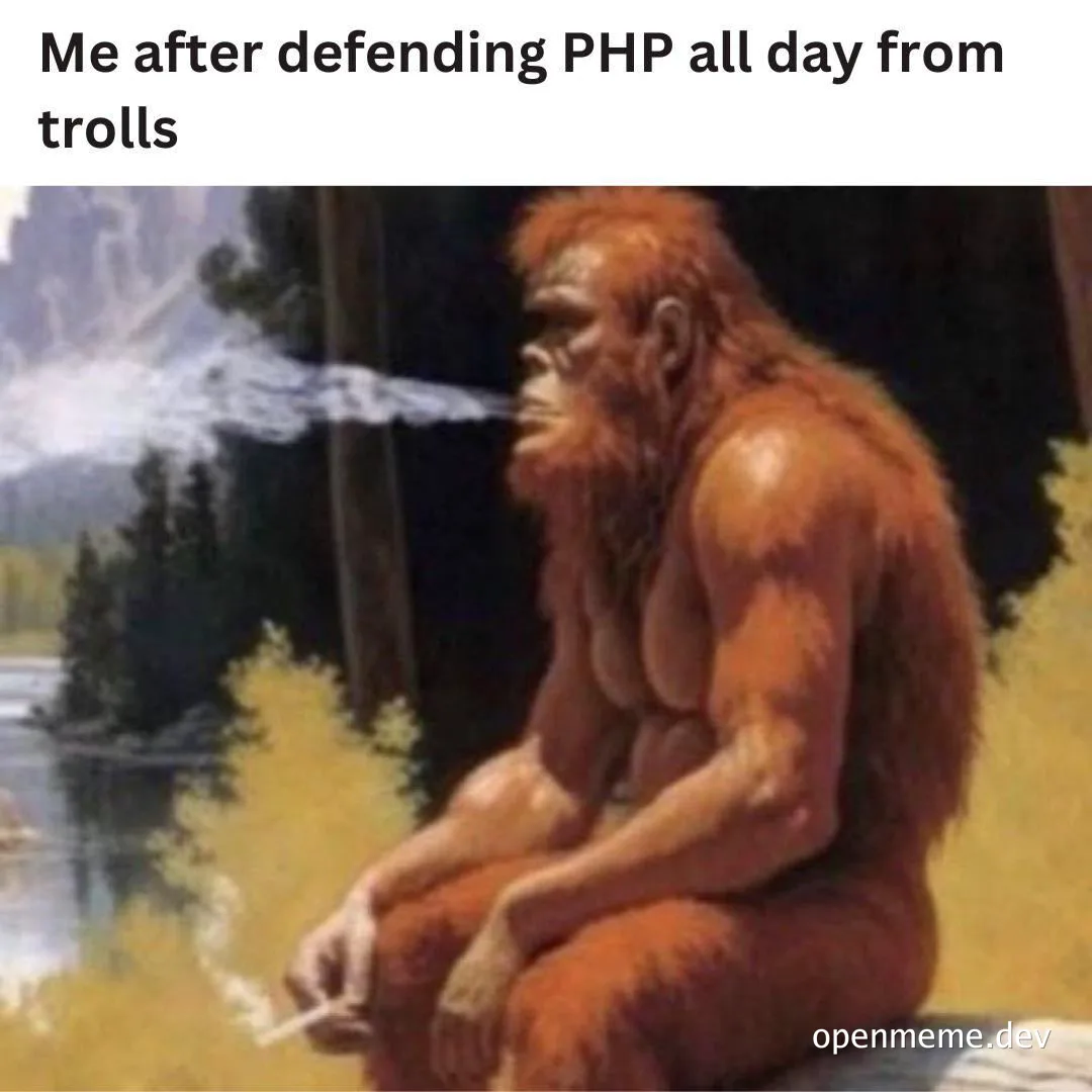 Bigfoot sitting by a river, looking tired and smoking a cigarette