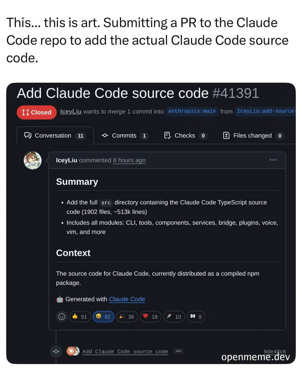 humorous github pull request to add claude code source code