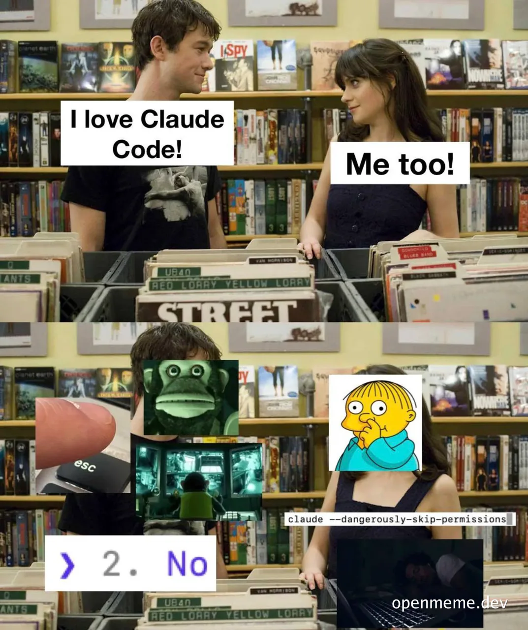 humorous meme about Claude Code with a couple in a record store