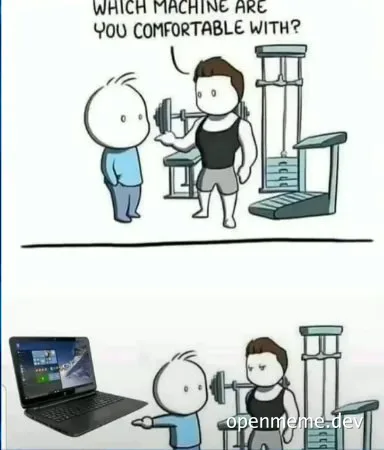 cartoon of gym trainer asking which machine to use and trainee pointing to laptop