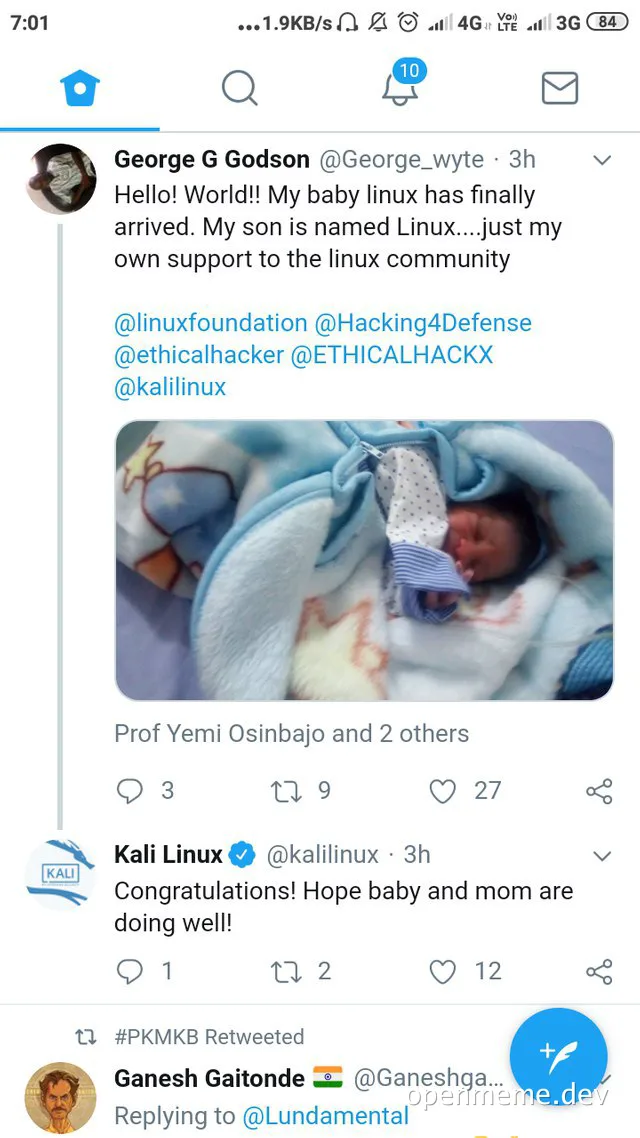 Newborn baby in a blue blanket with a humorous tweet about Linux