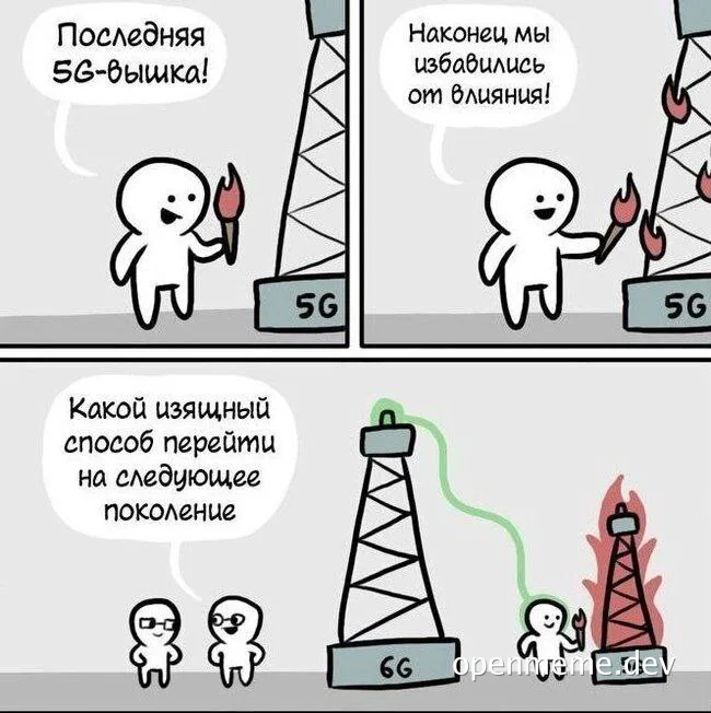 Cartoon characters burning 5G towers to upgrade to 6G