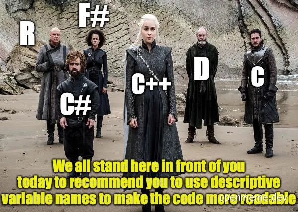 Game of Thrones characters labeled with programming languages, recommending descriptive variable names