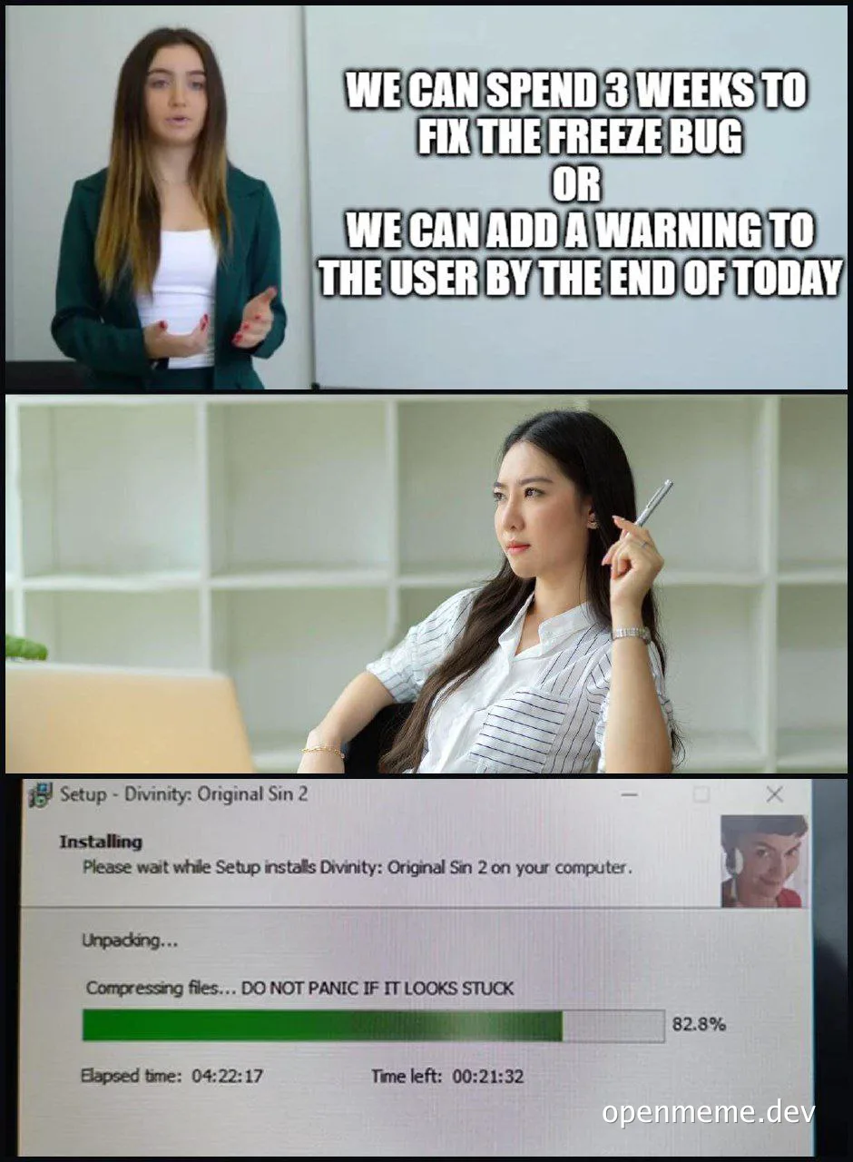 Two women discussing a software bug fix or a workaround with a progress bar