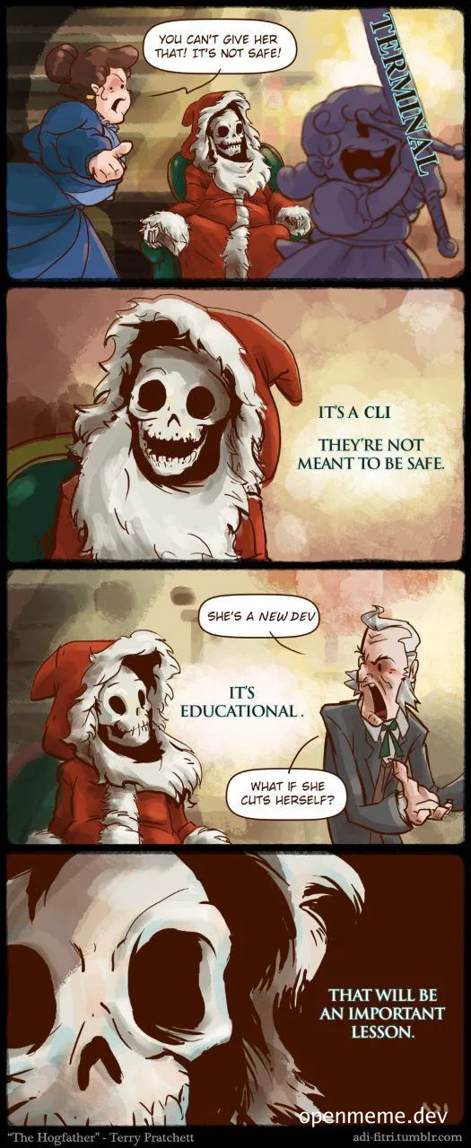Comic strip about a skeleton in a Santa hat explaining CLI safety to a new developer