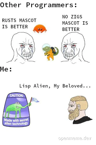programmer humor comparing Rust and Zig mascots to Lisp Alien