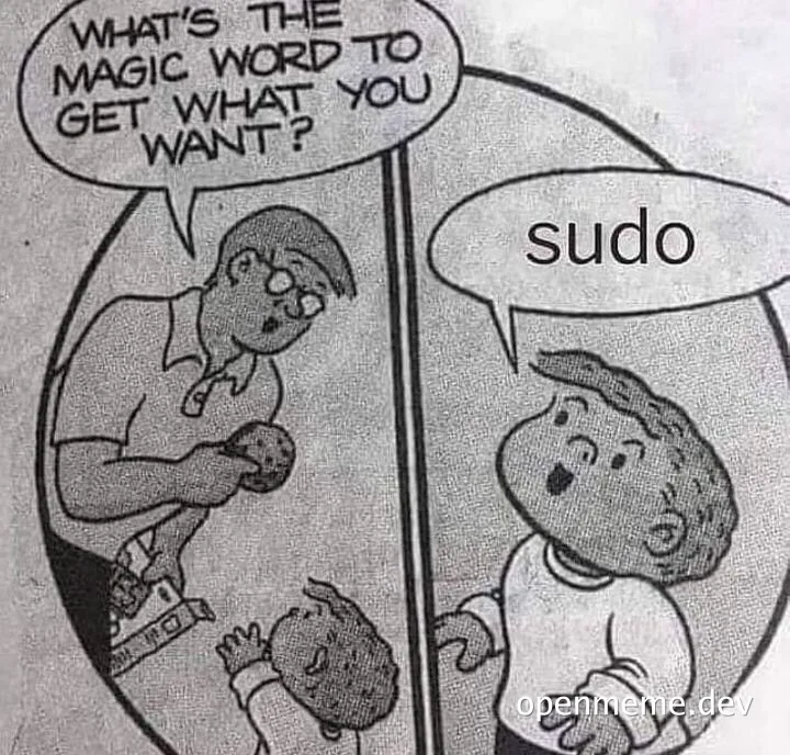Cartoon of a kid saying 'sudo' as the magic word