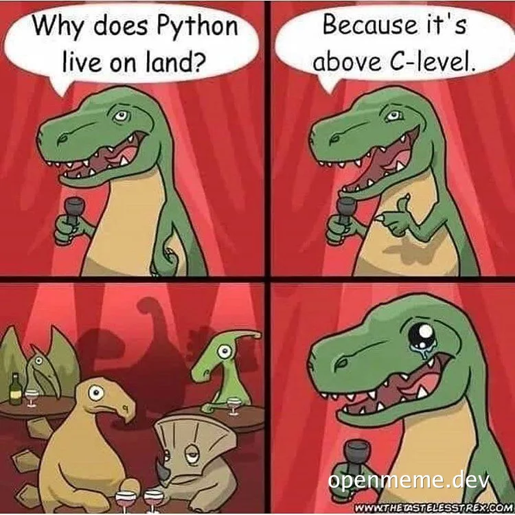 T-Rex comedian telling a joke about why Python lives on land