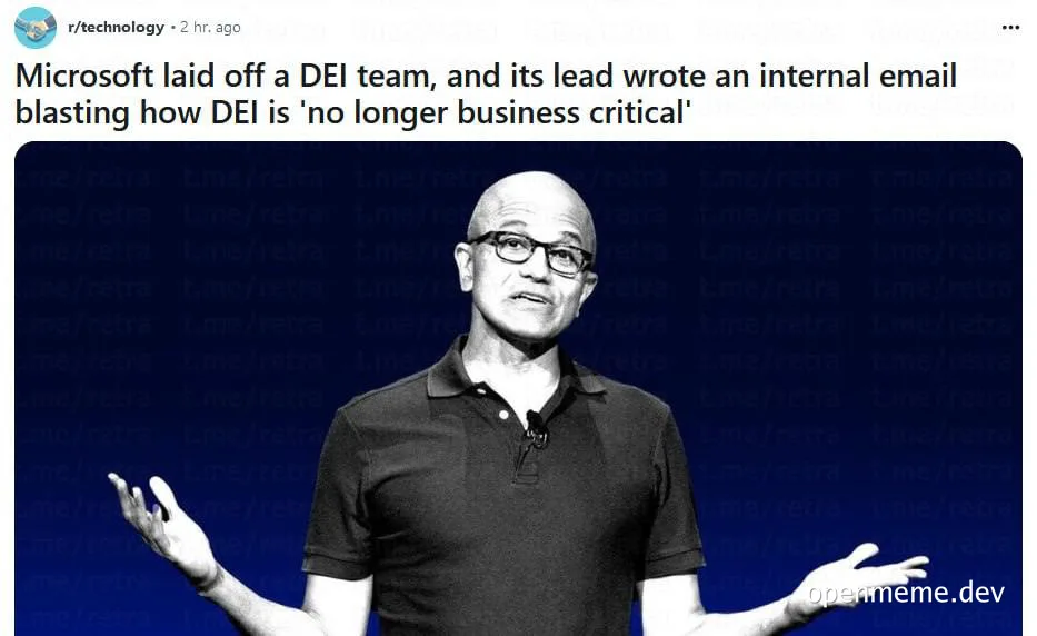 Satirical image of Satya Nadella with hands raised in response to Microsoft layoffs