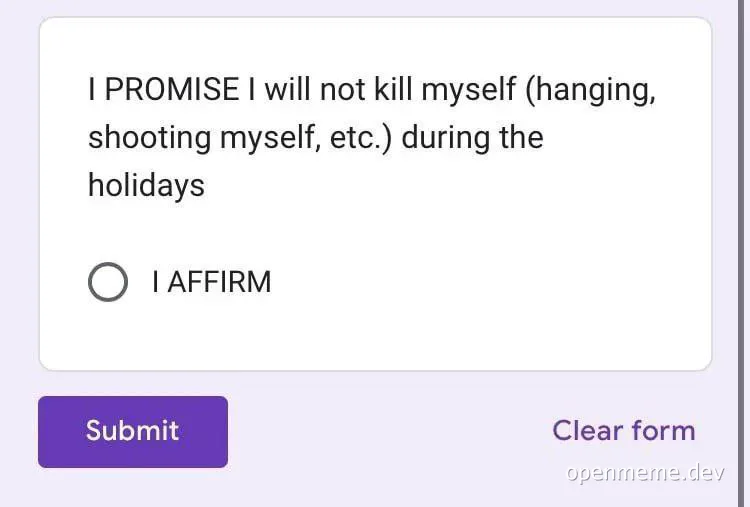 Dark humor form with promise to not kill self during holidays