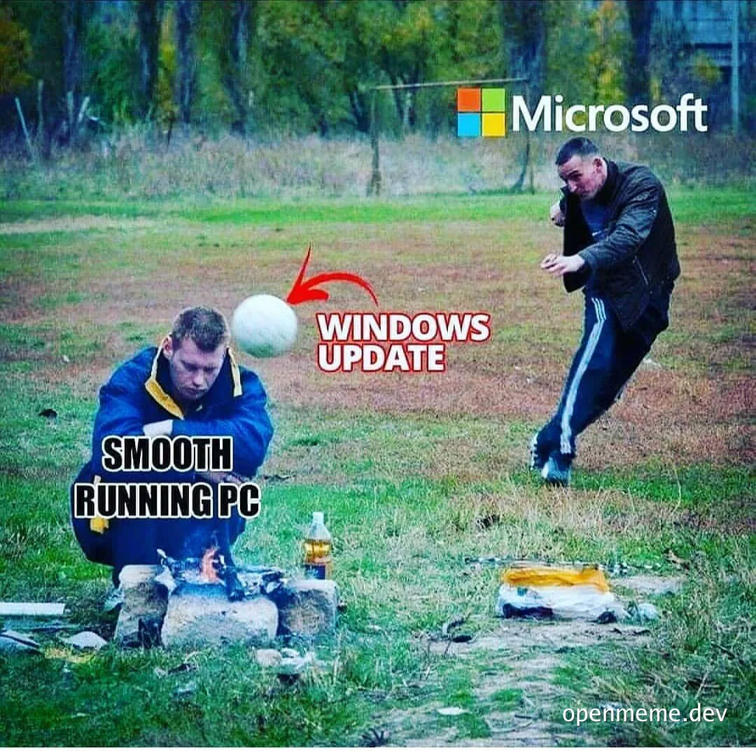 Microsoft Windows Update meme with a man throwing a ball at another man with a smooth running PC
