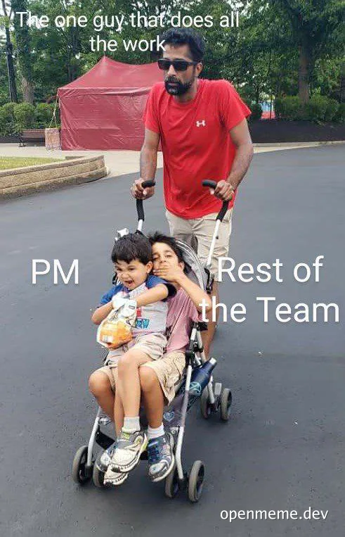 Man pushing two boys in a stroller with text overlay