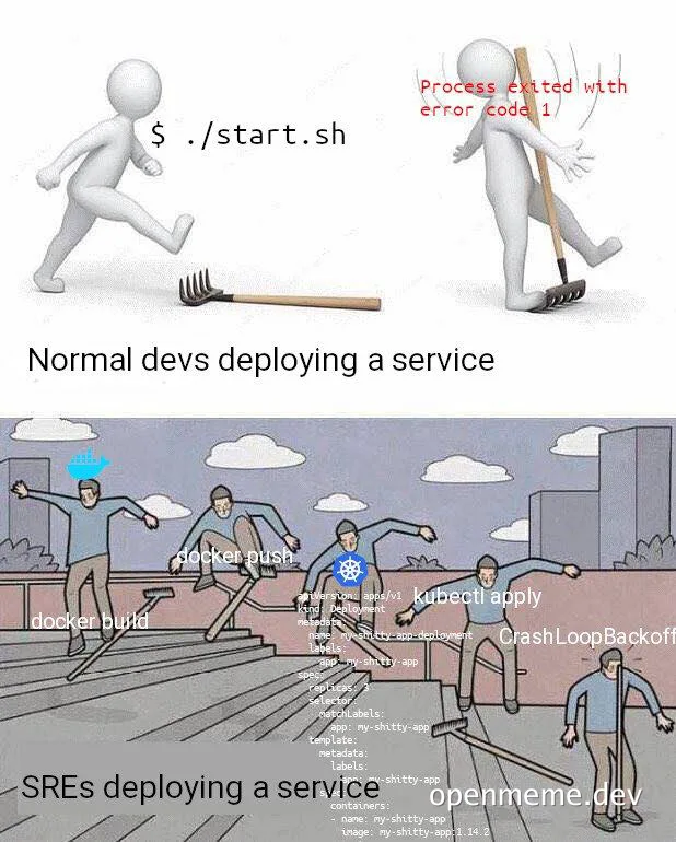 Two-panel meme contrasting a simple stick figure running ./start.sh and tripping over a rake with a cartoon of SREs falling
