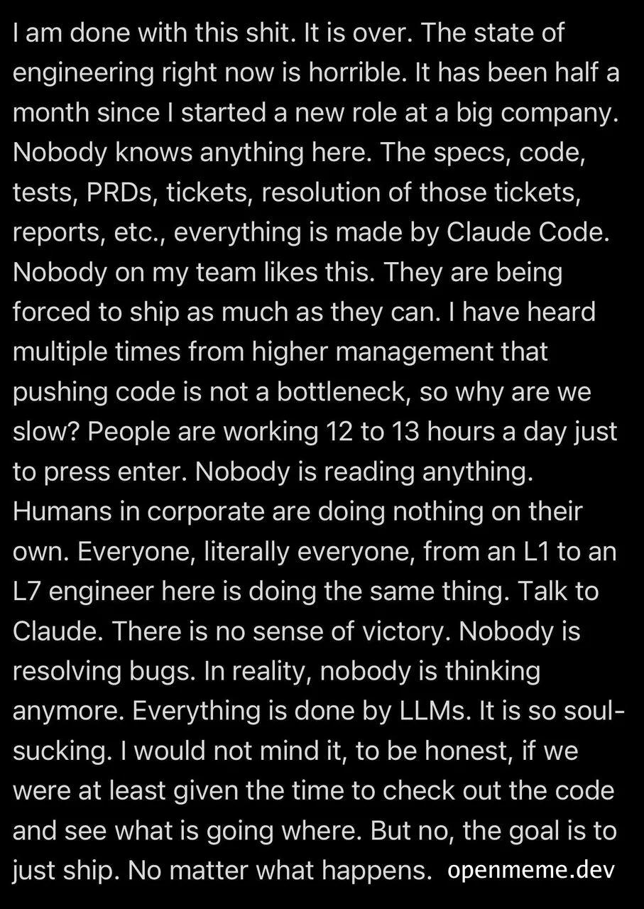 Screenshot of a developer's rant on a black background complaining that at their new big-company role every spec, test,
