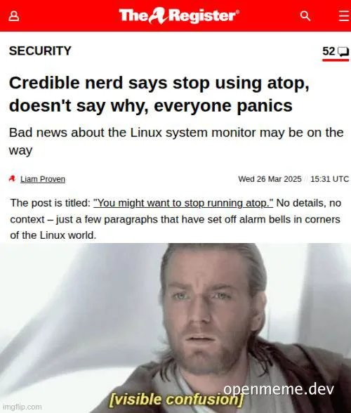 Mace Windu looking confused with text 'visible confusion' about Linux system monitor atop