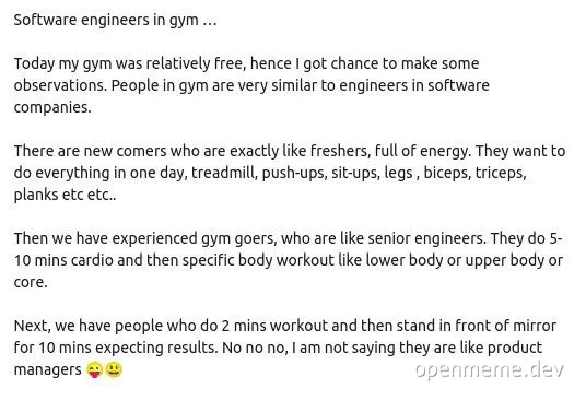 Software engineers in gym, analogy between gym goers and software company engineers