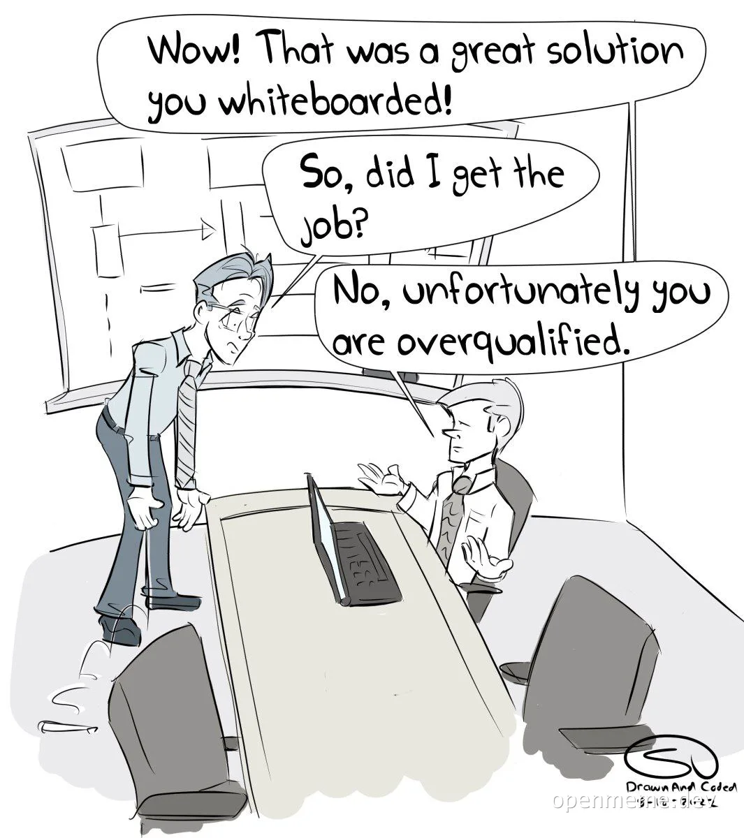 cartoon of two businessmen talking in meeting room