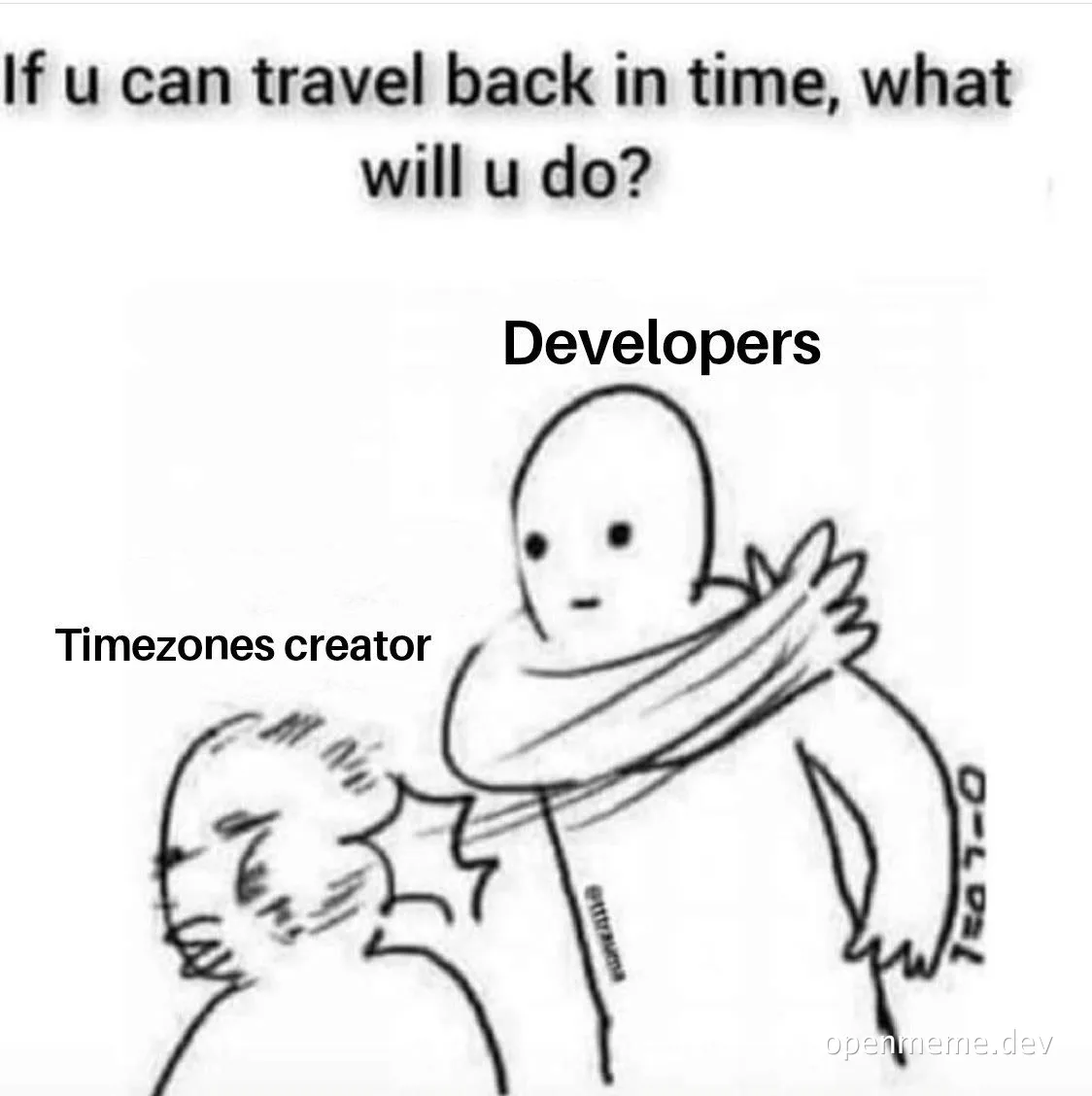 a cartoon drawing of a bald character with a scarf around their neck labeled 'Developers' punching another character labeled 'Timezones creator'
