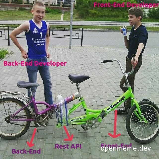 Two boys with bicycles labeled back-end and front-end developer