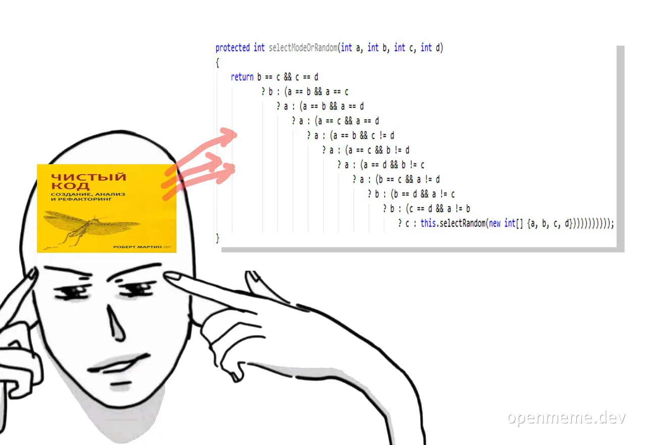 A meme of a person pointing at their head with a book on 'clean code' and a complex code snippet in the background.