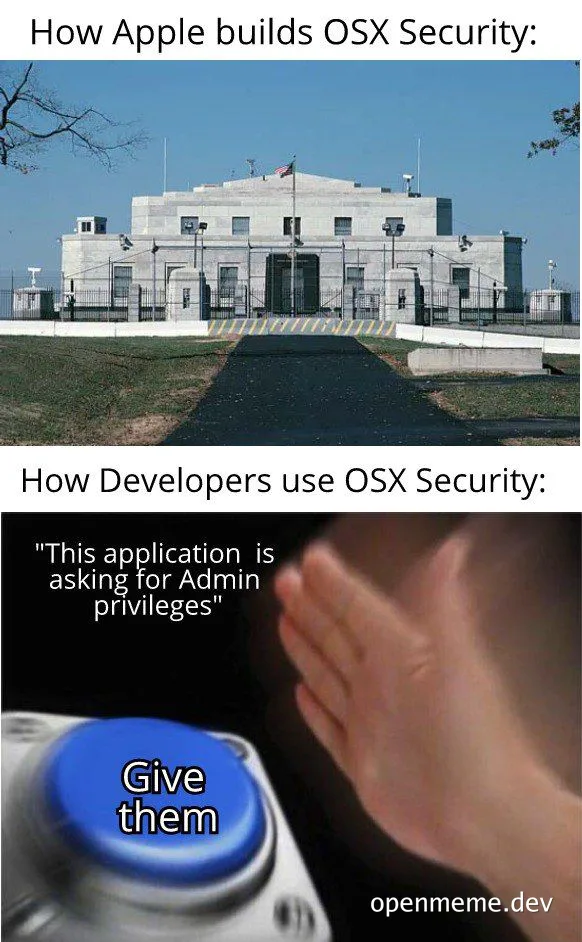 OSX security meme comparing Apple and developer approaches
