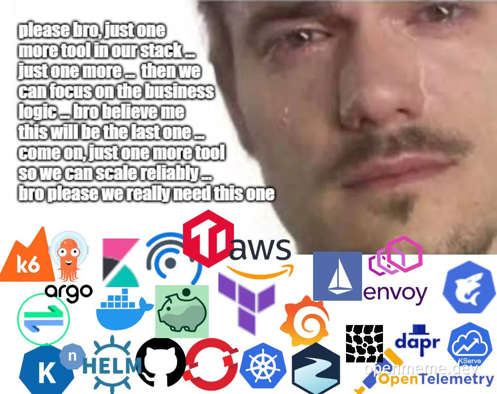 Dev bro 'just one more tool' meme with logos