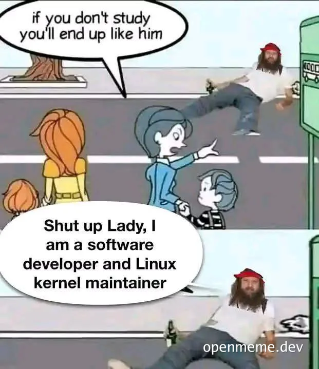 Meme of a man dressed like Linus Torvalds falling on the street with a kid and woman looking on