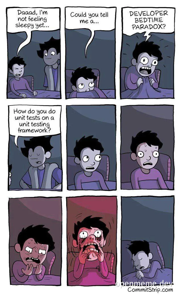 cartoon of a kid asking their dad about the developer bedtime paradox