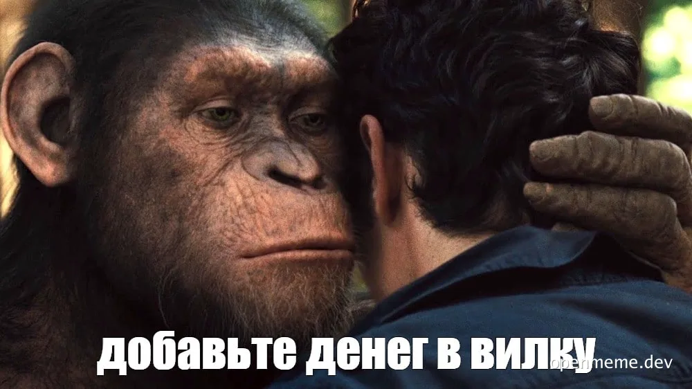 chimpanzee touching human head with text add money to fork