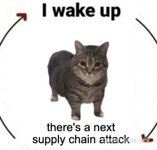 A cat meme showing a cycle where a developer wakes up to a new supply chain attack.