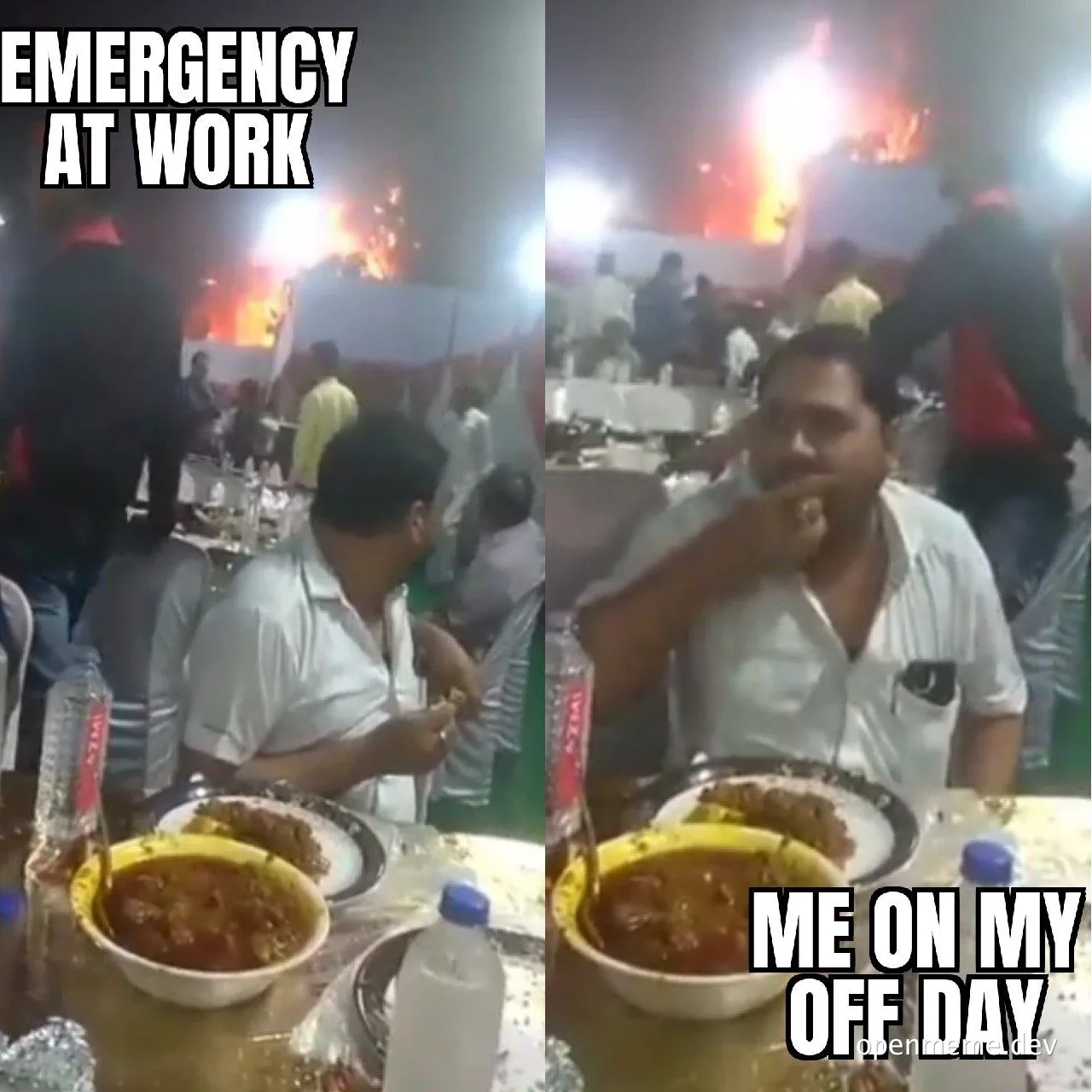 man eating while emergency rages in background