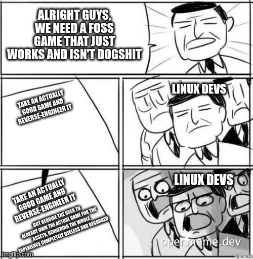 A comic strip about Linux developers trying to create a FOSS game by reverse-engineering an existing game, with a humorous twist.