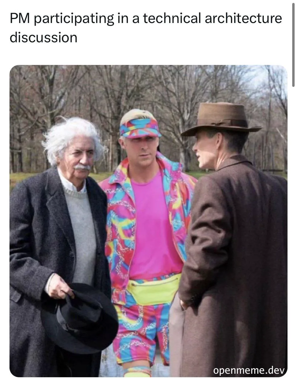 Three men in a park, representing a product manager in a technical discussion
