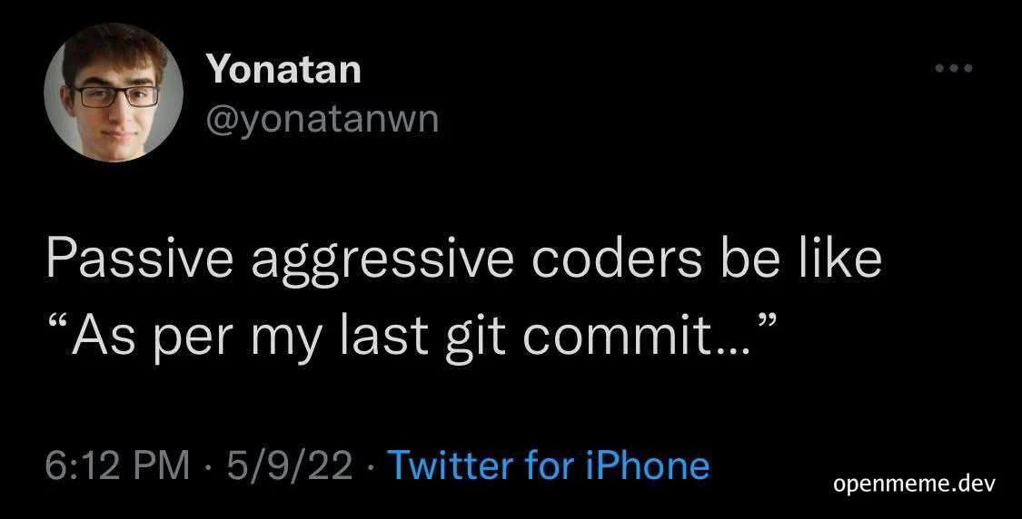 Passive aggressive coders be like 'As per my last git commit...'
