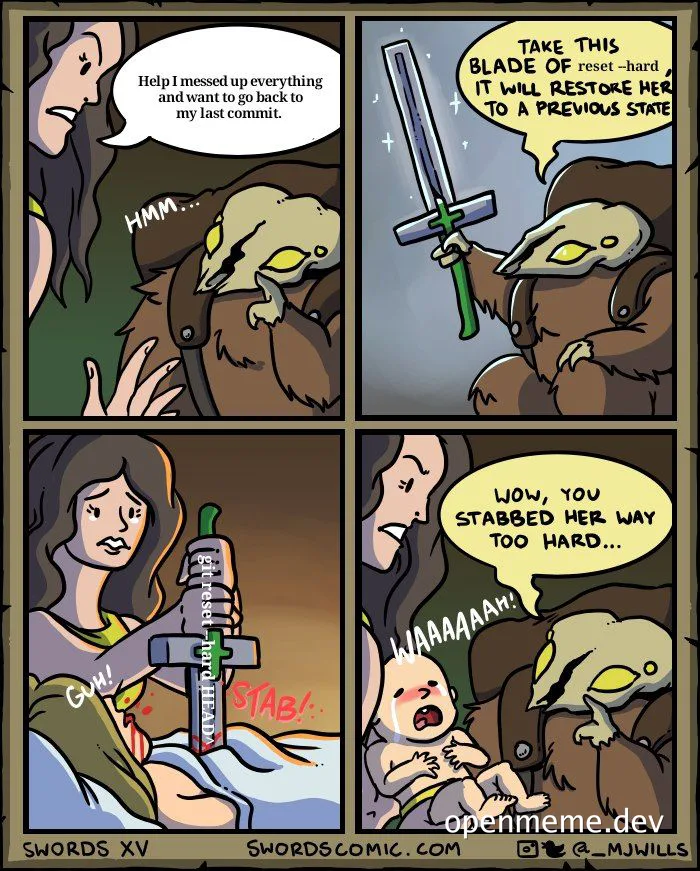 Cartoon comic strip about a developer trying to reset their code changes