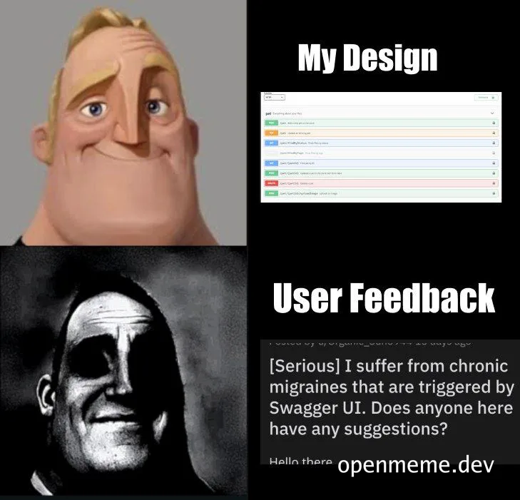Mr. Incredible and Batman contrasted with UI design and user feedback on Swagger UI