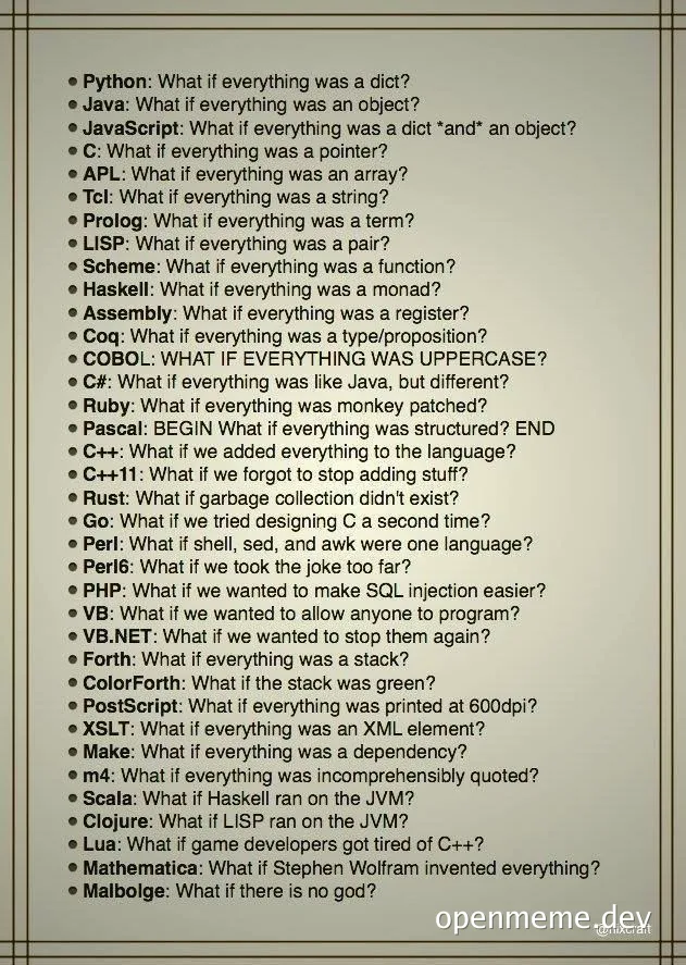 a list of programming languages with humorous descriptions