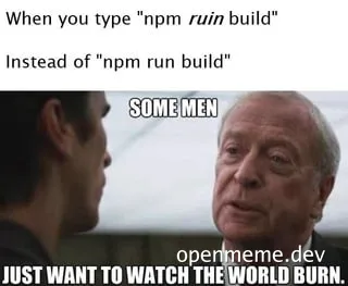 meme of man looking at another man with a smug expression, captioned 'some men just want to watch the world burn', with text above 'When you type "npm ruin build" Instead of "npm run build"'