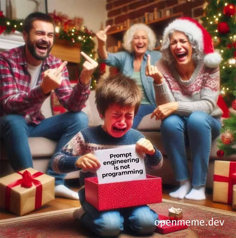 a family reacts to a boy opening a present with a sign that says 'prompt engineering is not programming'