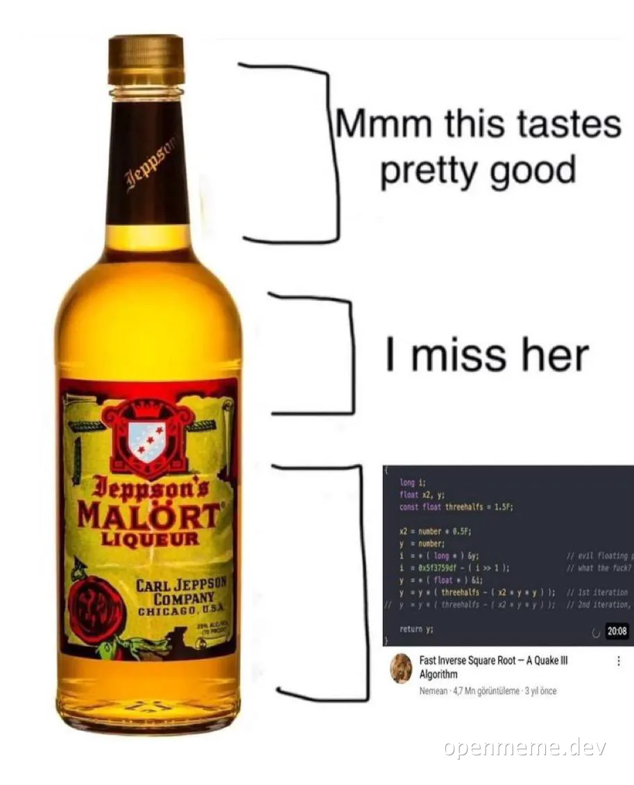 Malört liqueur bottle with a shocked reaction to its taste compared to a nostalgic video about a fast inverse square root algorithm